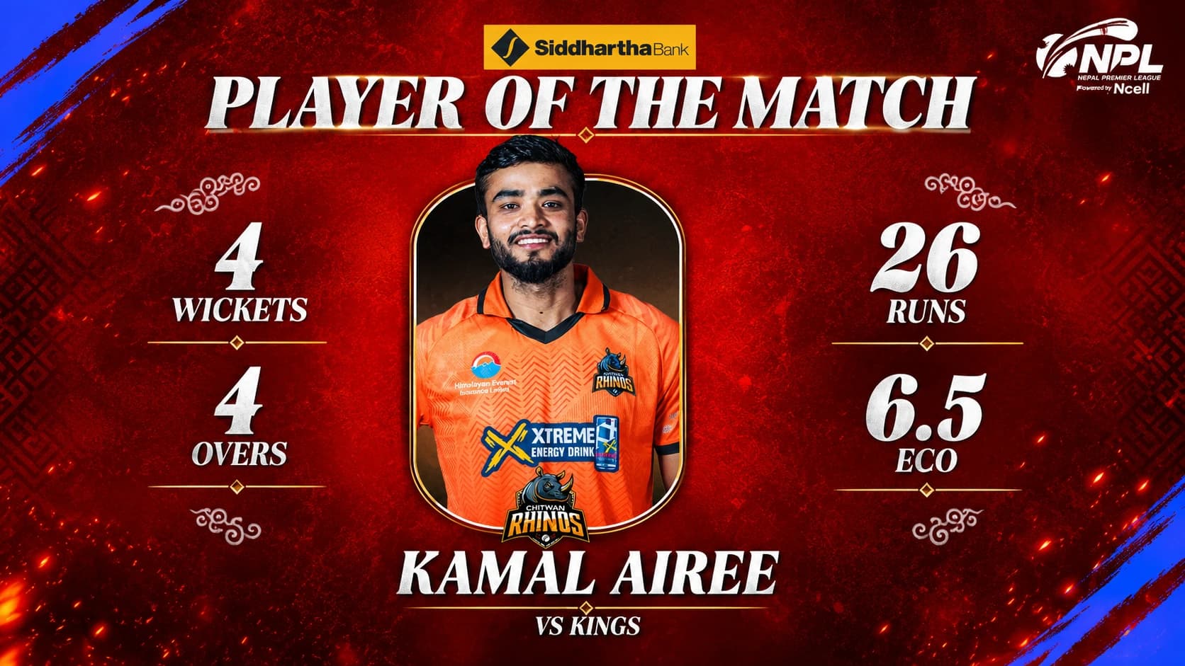 Kamal Airee Named Player of the Match in NPL 2026 2nd Match