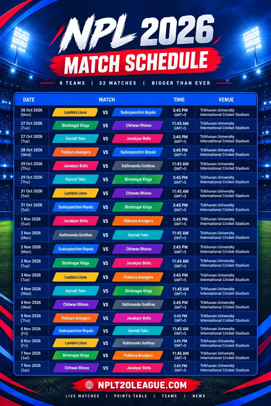 NPL 2026 Schedule Announced: Nepal Premier League Season 3 Fixtures